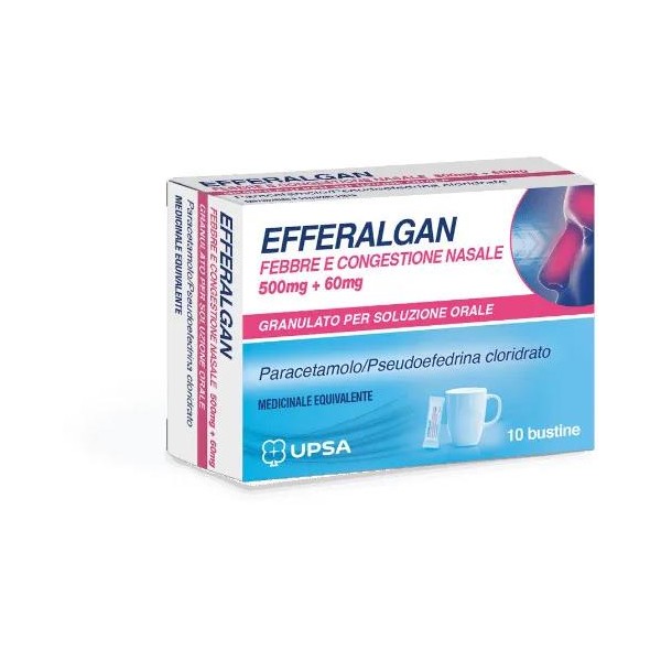 Efferalgan Febbre e Congestione Nasale Sollievo da Raffreddore e Influenza con Paracetamolo e Pseudoefedrina 10 bustine